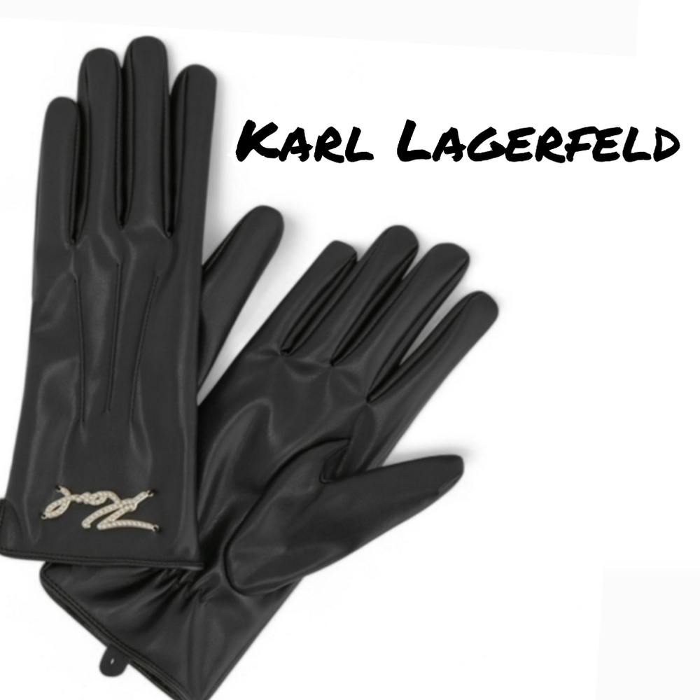 Karl Lagerfeld Black Faux Leather Gloves with Faux Pearl Detail - Size Small